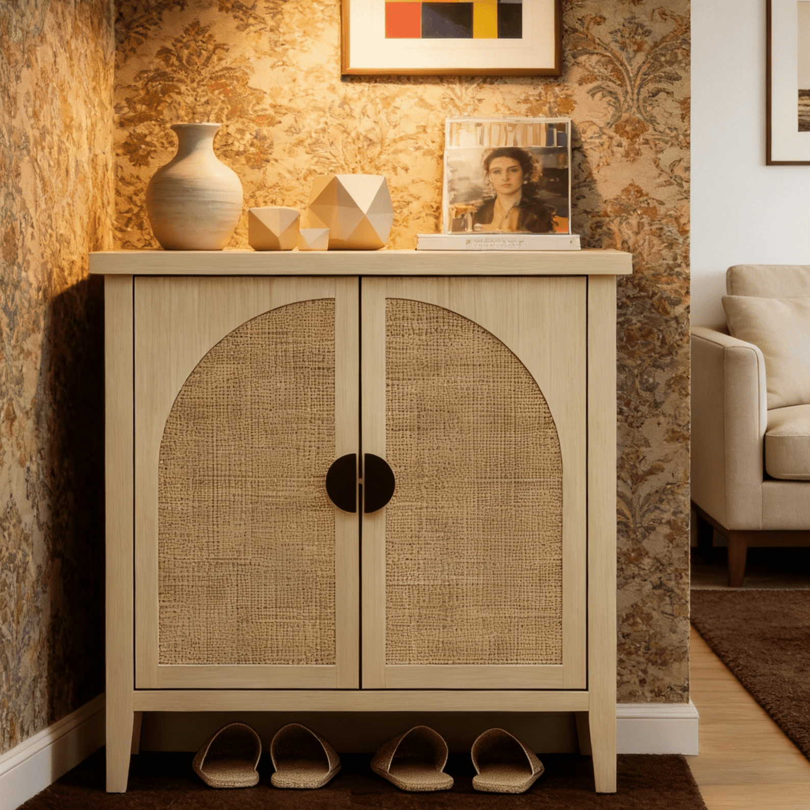 Gewnee Rattan 2-Door Storage Cabinet, Stylish Home Accent Cabinet for Bedroom, Living Room and Study