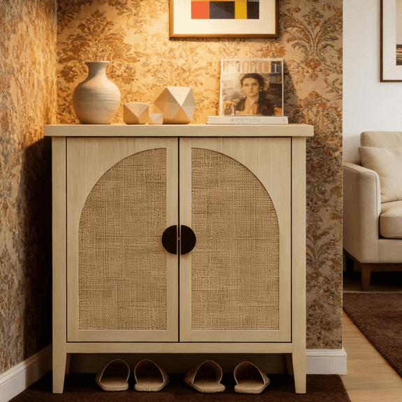 Gewnee Rattan 2-Door Storage Cabinet, Stylish Home Accent Cabinet for Bedroom, Living Room and Study