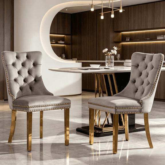 Gewnee Set of 2 Modern Velvet Tufted High Back Dining Chairs,Upholstered Armless Side Chairs with Metal Legs & Nailhead Trim for Kitchen Dining Room,Gray