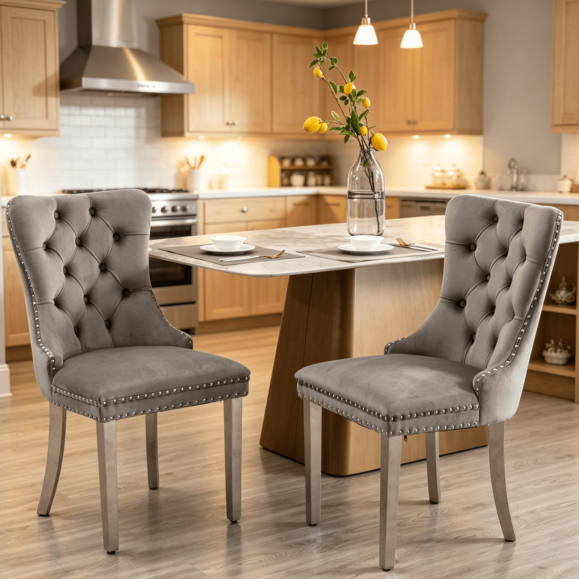 Gewnee Set of 2 Modern Velvet Tufted Upholstered High End Dining Chairs with Metal Legs & Nailhead Trim for Dining Room Kitchen,Gray
