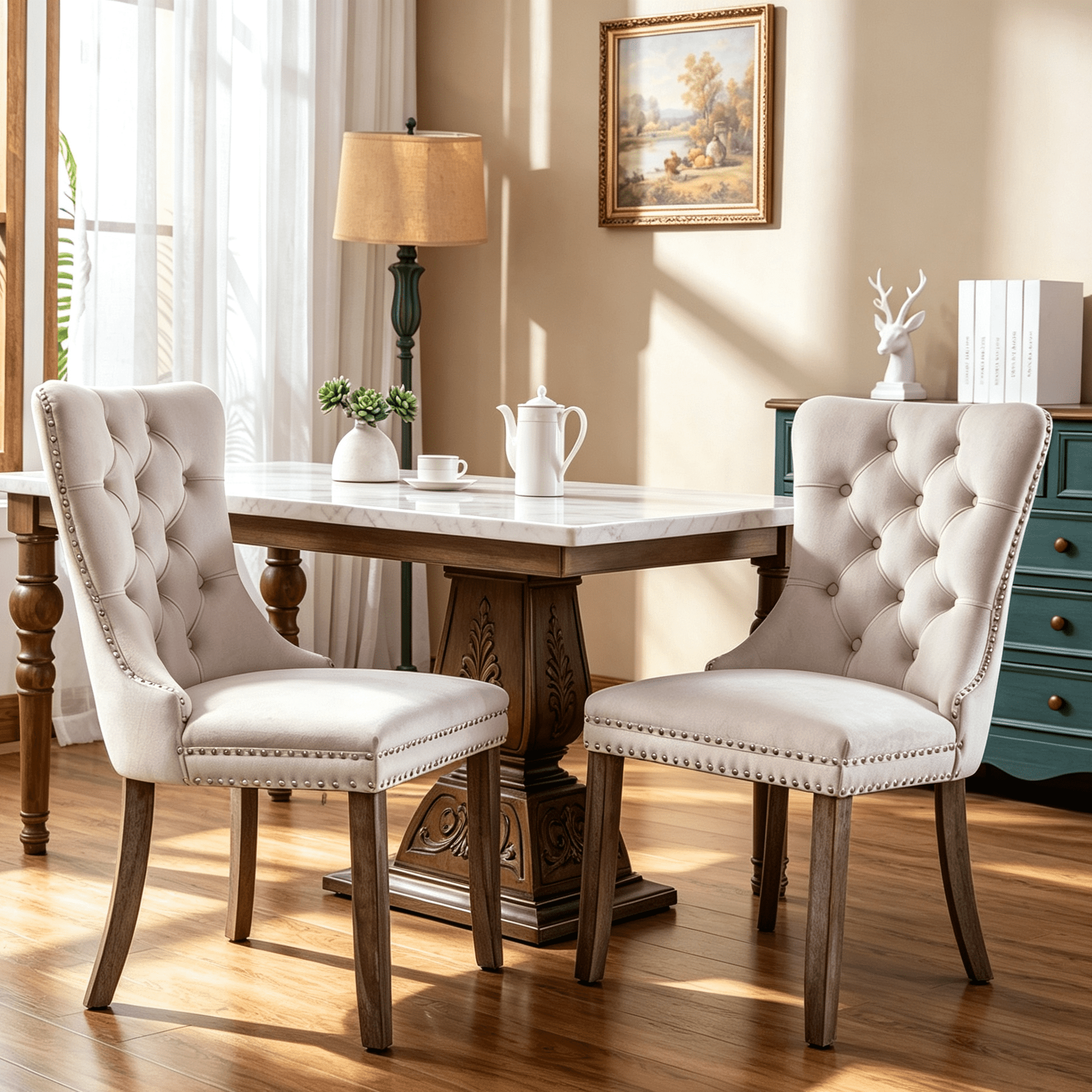 Gewnee Set of 2 Modern Velvet Tufted Upholstered High End Dining Chairs with Wood Legs & Nailhead Trim for Dining Room Kitchen,Beige