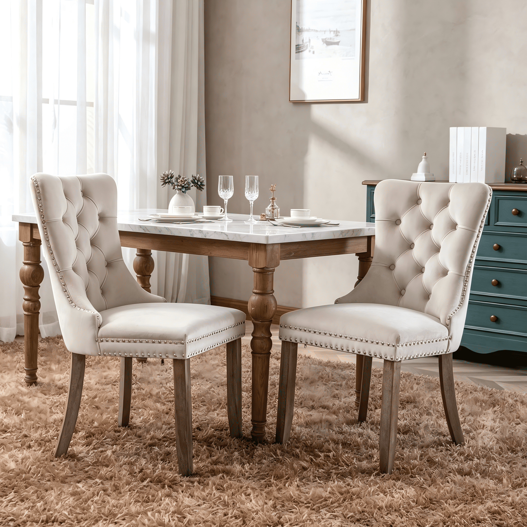 Gewnee Set of 2 Modern Velvet Tufted High Back Dining Chairs,Upholstered Armless Side Chairs with Solid Wood Legs & Nailhead Trim for Kitchen Dining Room,Beige