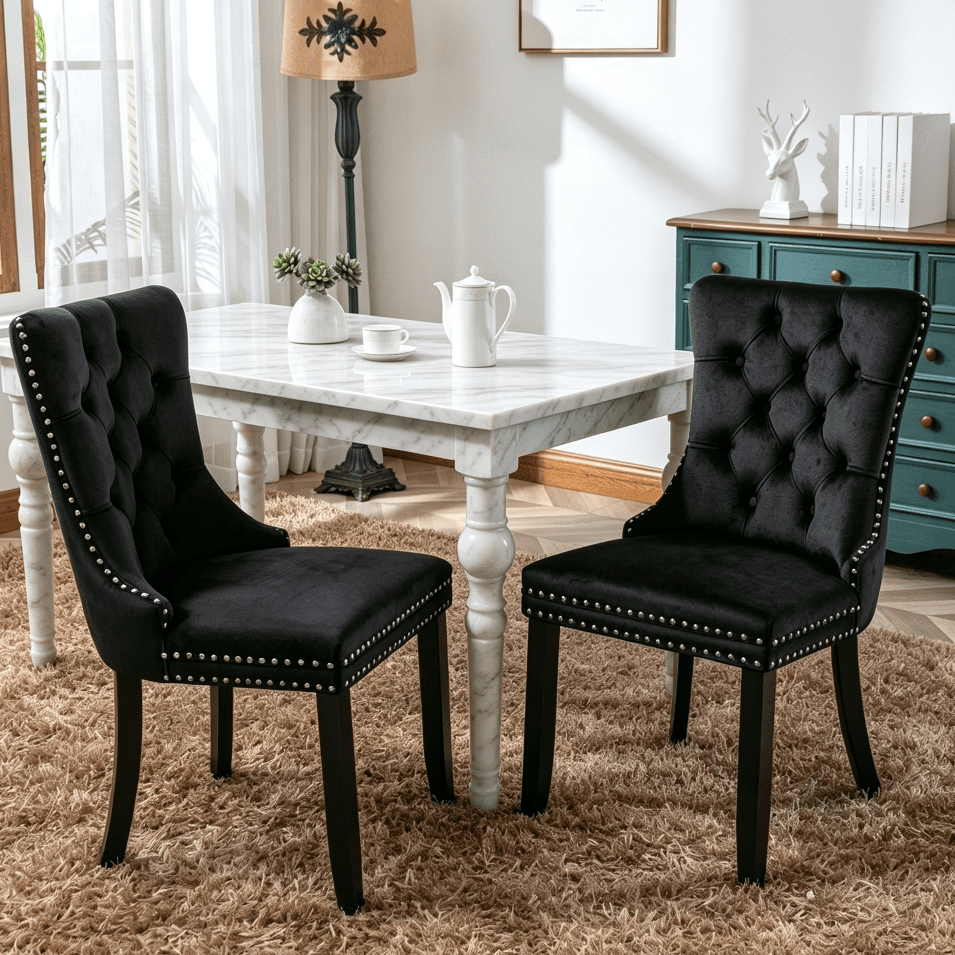 Gewnee Set of 2 Modern Velvet Tufted High Back Dining Chairs, Upholstered Armless Side Chairs with Solid Wood Legs & Nailhead Trim for Kitchen Dining Room,Black