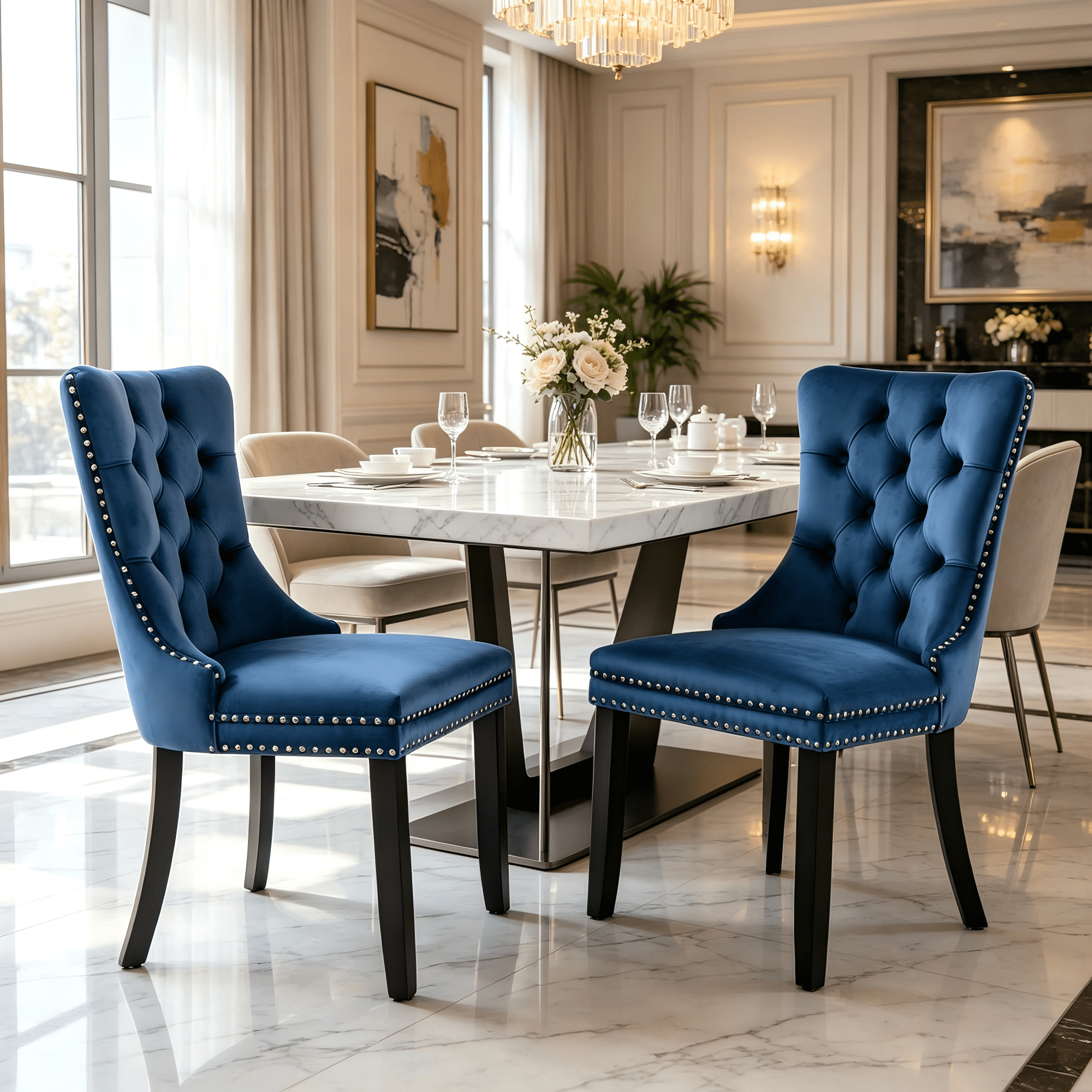 Gewnee Set of 2 Modern Velvet Tufted High Back Dining Chairs, Upholstered Armless Side Chairs with Solid Wood Legs & Nailhead Trim for Kitchen Dining Room,Blue