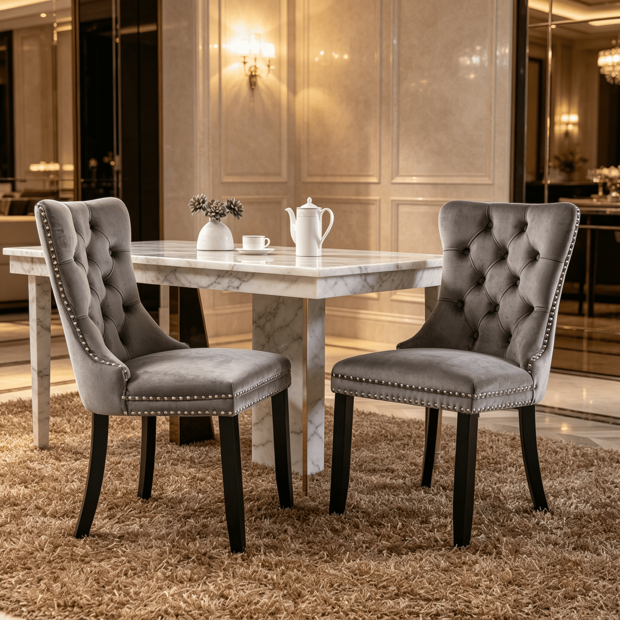 Gewnee Set of 2 Modern Velvet Tufted High Back Dining Chairs, Upholstered Armless Side Chairs with Solid Wood Legs & Nailhead Trim for Kitchen Dining Room,Gray