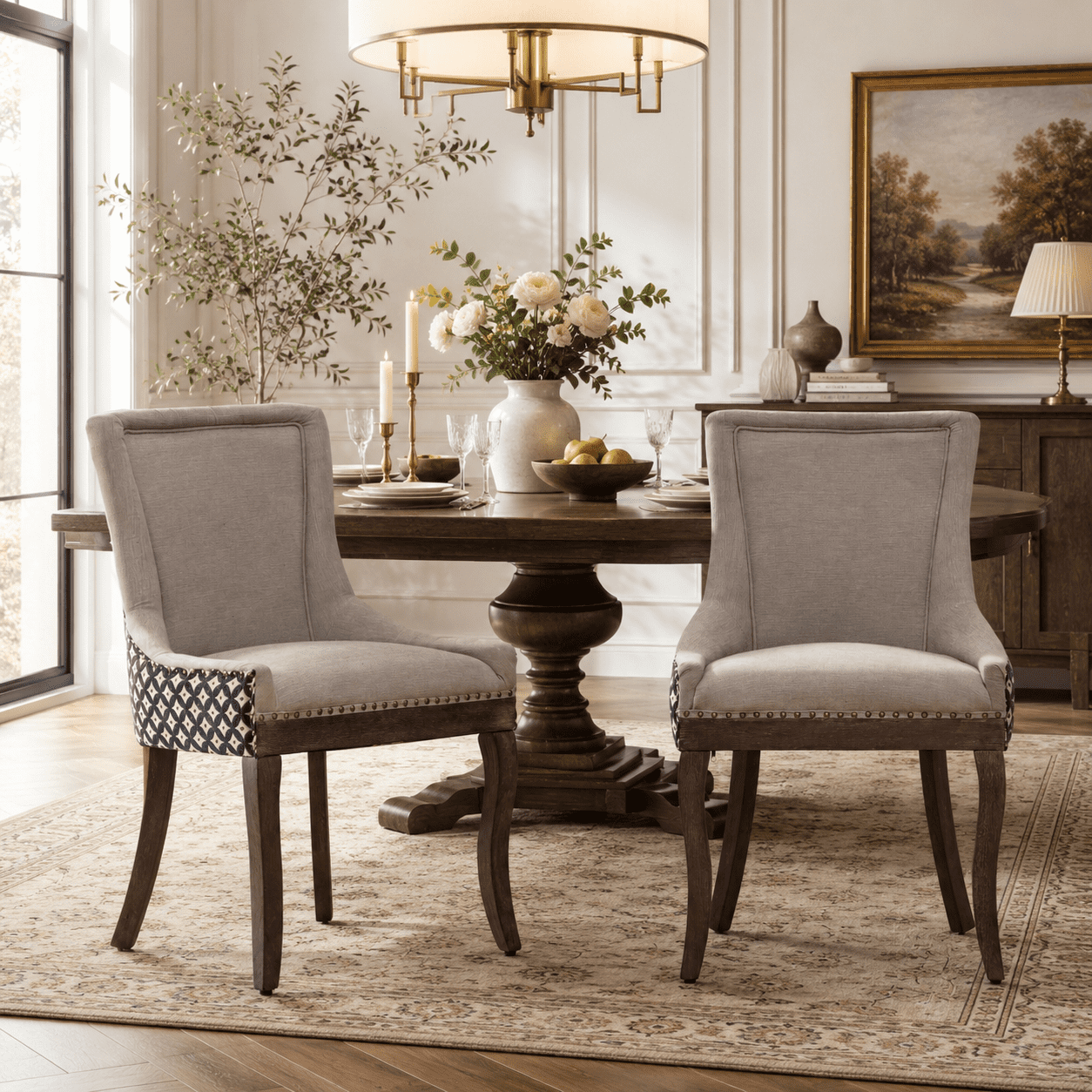 Gewnee Set of 2 Side Dining Chairs, Fabric Upholstered High Back Dining Table Chairs with Solid Wood Legs for Dining Room & Kitchen,Beige&Black