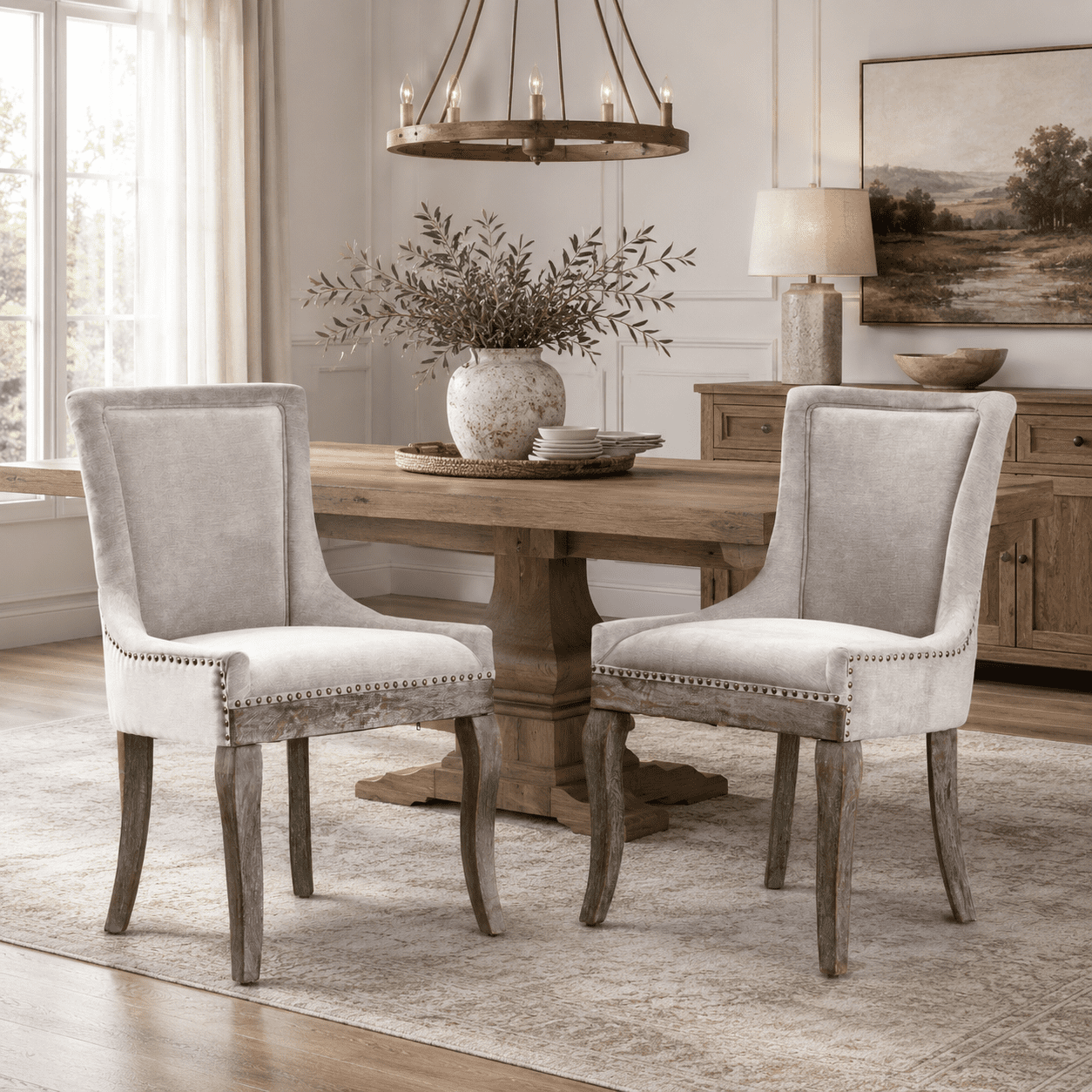 Gewnee Set of 2 Side Dining Chairs, Fabric Upholstered High Back Dining Table Chairs with Solid Wood Legs for Dining Room & Kitchen,Beige