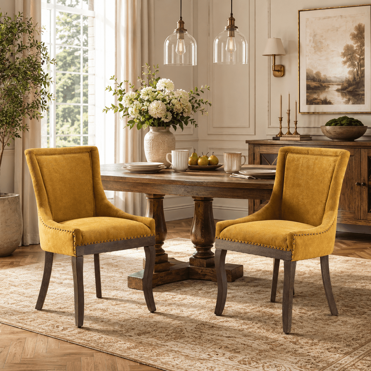 Gewnee Set of 2 Side Dining Chairs, Fabric Upholstered High Back Dining Table Chairs with Solid Wood Legs for Dining Room & Kitchen,Golden