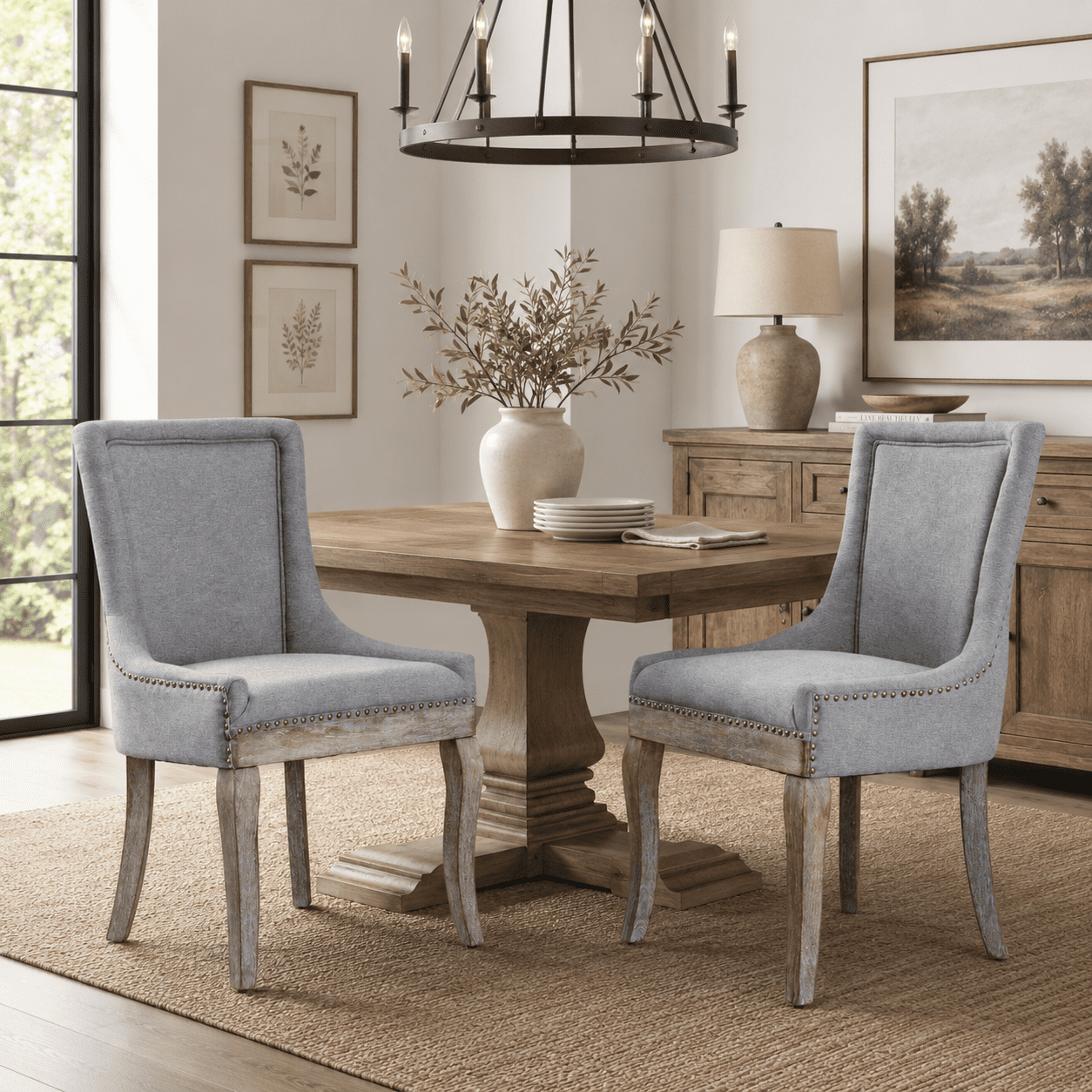 Gewnee Set of 2 Side Dining Chairs, Fabric Upholstered High Back Dining Table Chairs with Solid Wood Legs for Dining Room & Kitchen,Gray