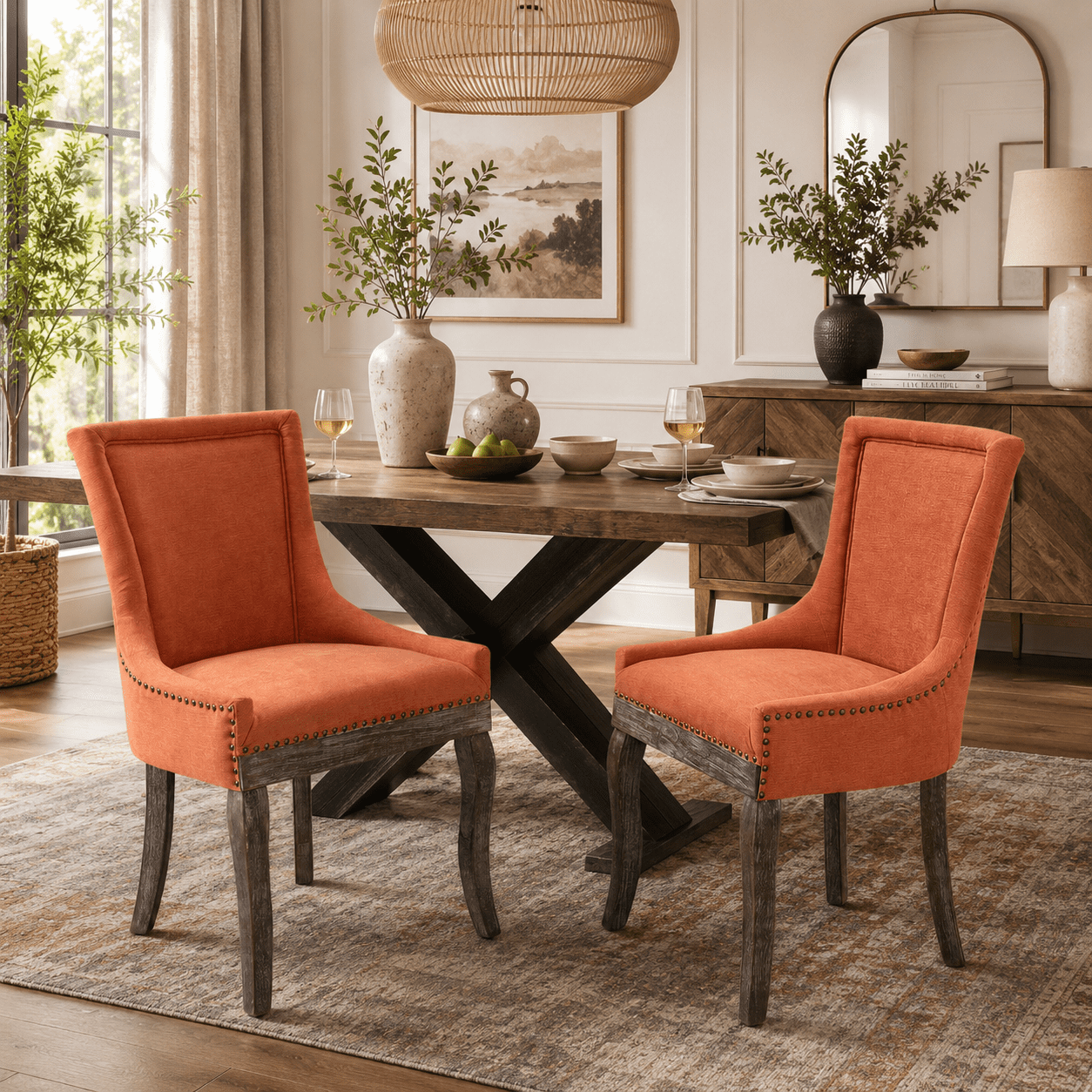 Gewnee Set of 2 Side Dining Chairs, Fabric Upholstered High Back Dining Table Chairs with Solid Wood Legs for Dining Room & Kitchen,Orange