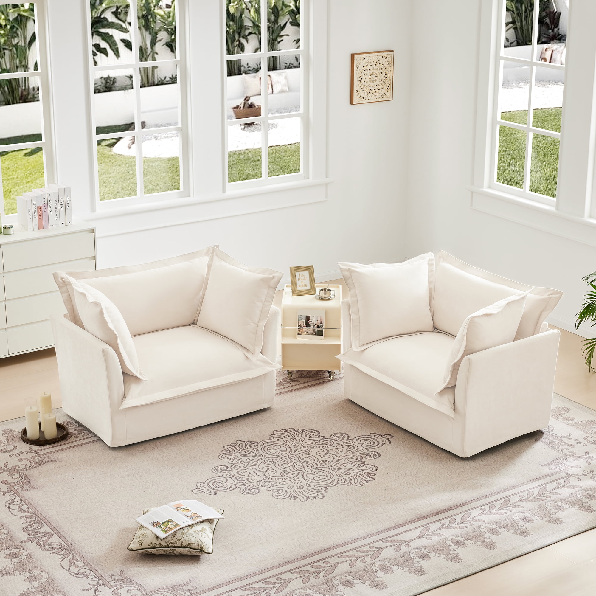Gewnee Set of 2 Slipcovered Chenille Fabric Cream Armchairs Deep Seat Accent Chair Set for Living Room