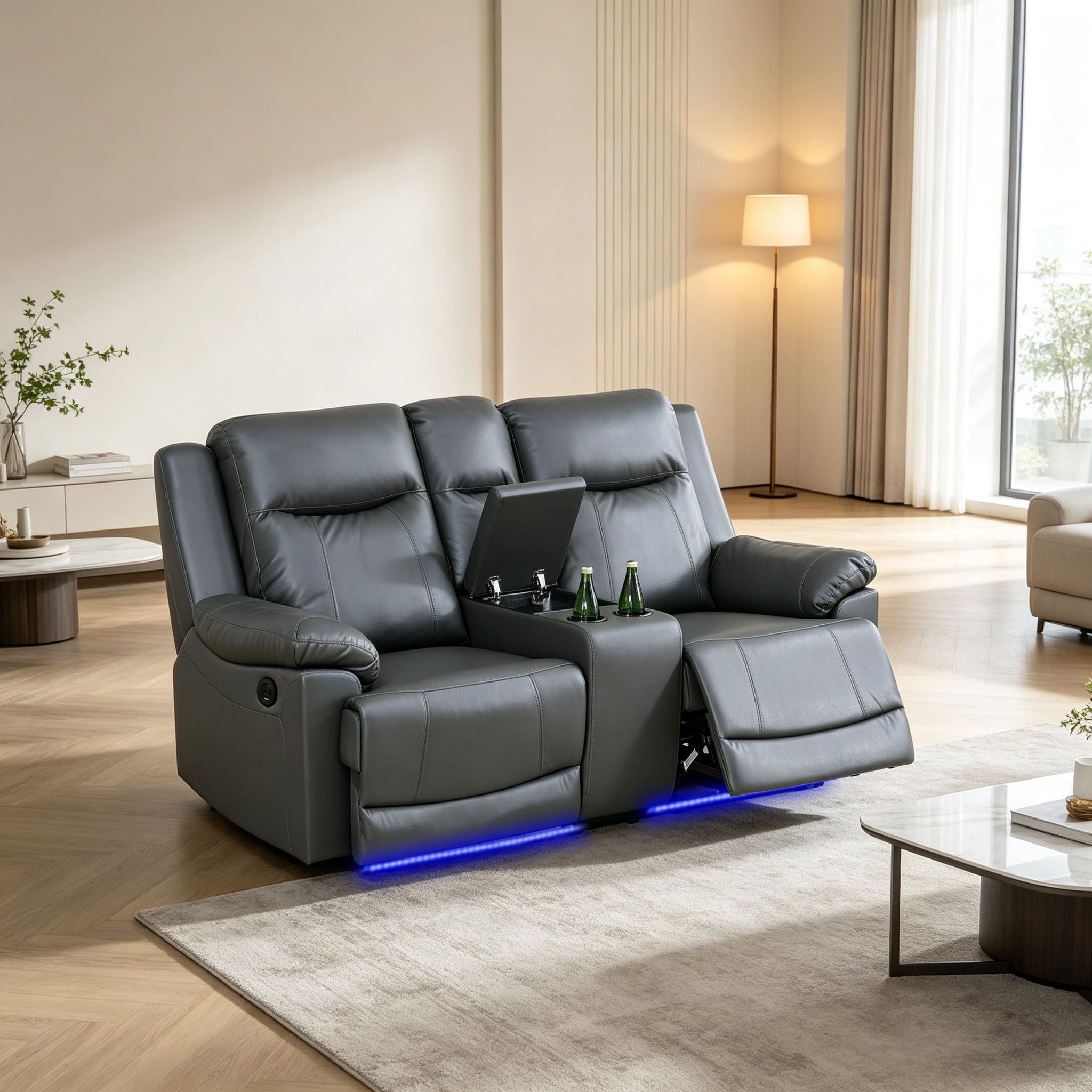 Gewnee Silver Gray Loveseat with Console & Cup Holders, Air Leather & High-Elastic Sponge, Adjustable Recline, Perfect for Living Rooms（Power Recliner ）