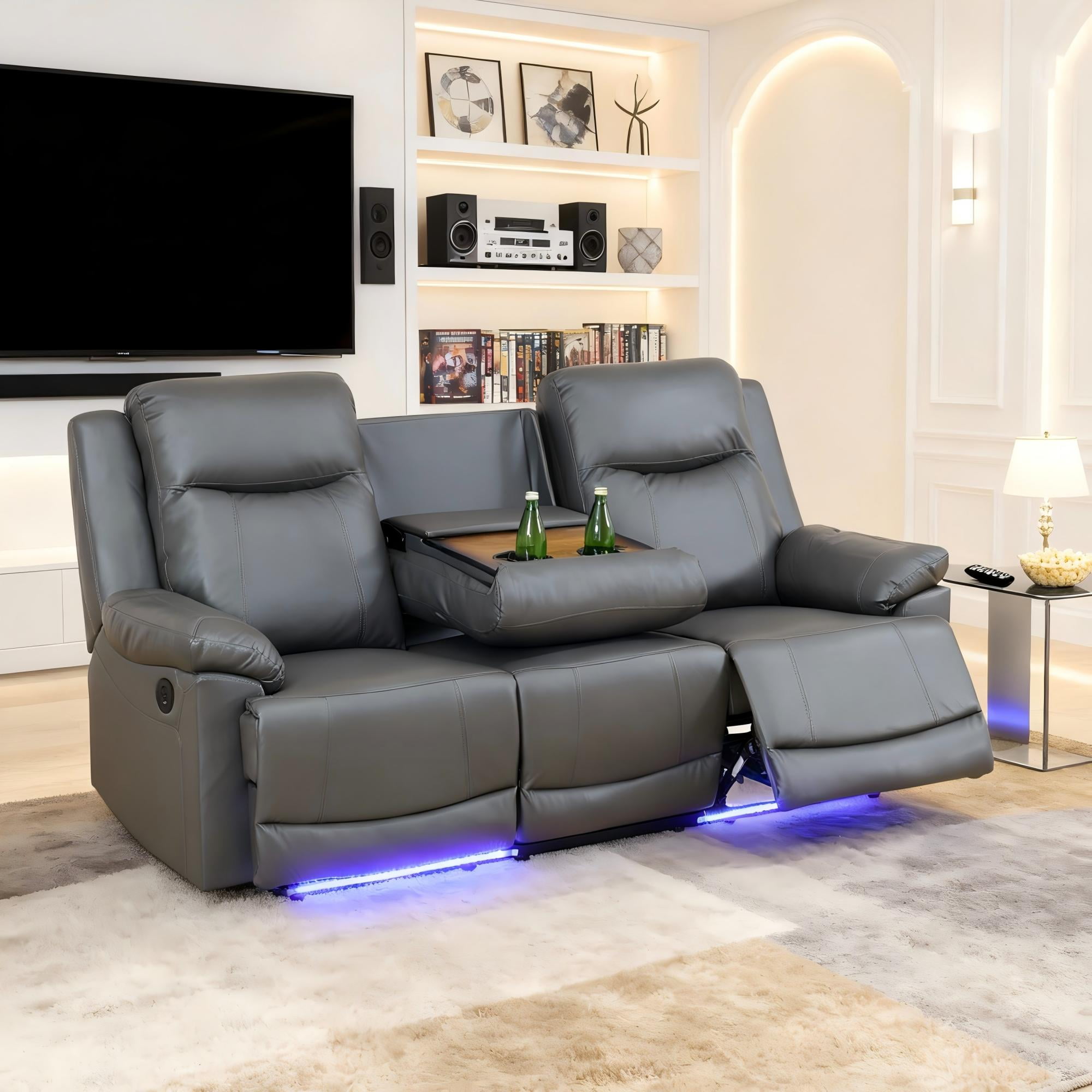 Gewnee Silver Gray 3-Seater Sofa with Console & Cup Holders, Air Leather & High-Elastic Sponge, Adjustable Recline, Perfect for Living Rooms（Power Recliner）
