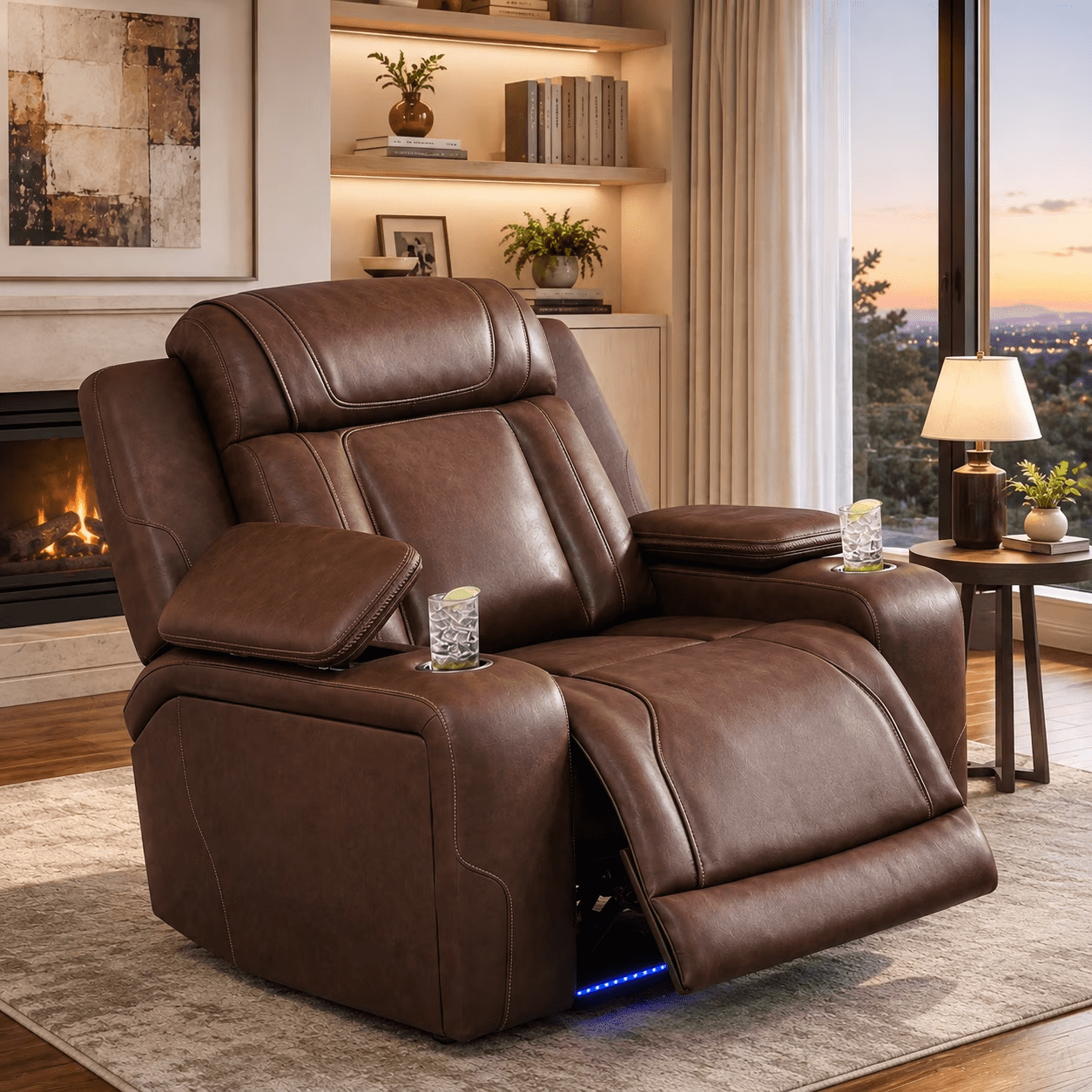 Gewnee Single Recliner Chair, Air Leather Home Theater Reclining Sofa with Dual Cup Holders & Bottom LED Ambient Light, Ergonomic Adjustable Recliner for Living Room Bedroom, Reddish-brown