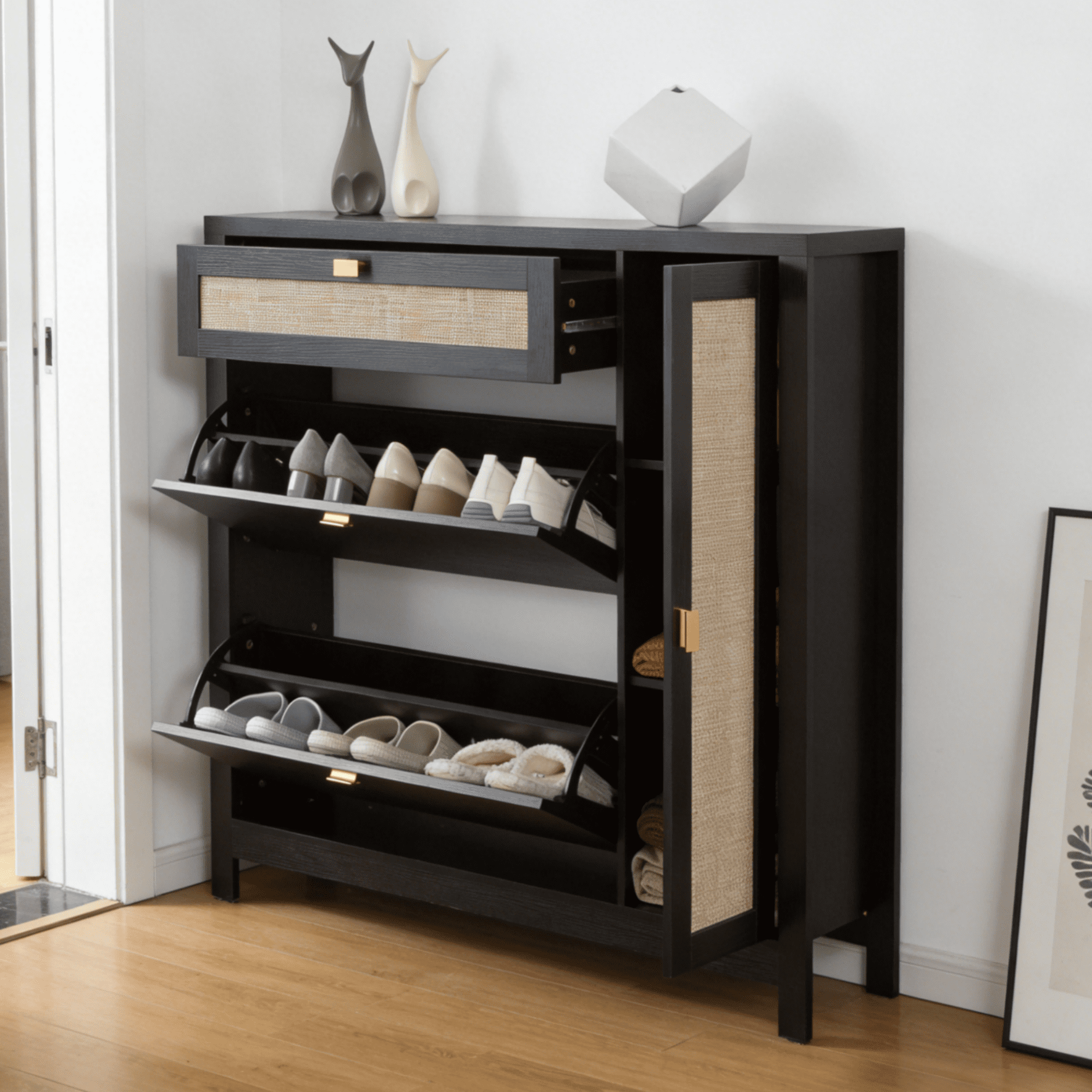 Gewnee Slim Shoe Storage Cabinet with 2 Flip-Down Drawers & Side Organizer,Adjustable Shelves,Rattan Door for Entryway,Hallway or Closet.