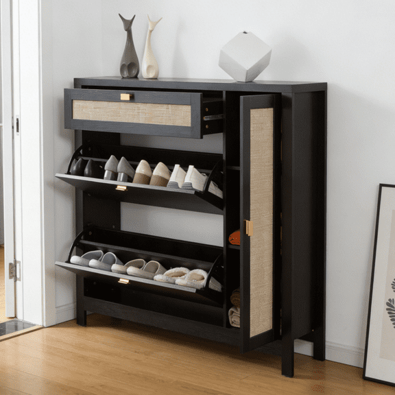 Gewnee Slim Shoe Storage Cabinet with 2 Flip-Down Drawers & Side Organizer,Adjustable Shelves,Rattan Door for Entryway,Hallway or Closet.