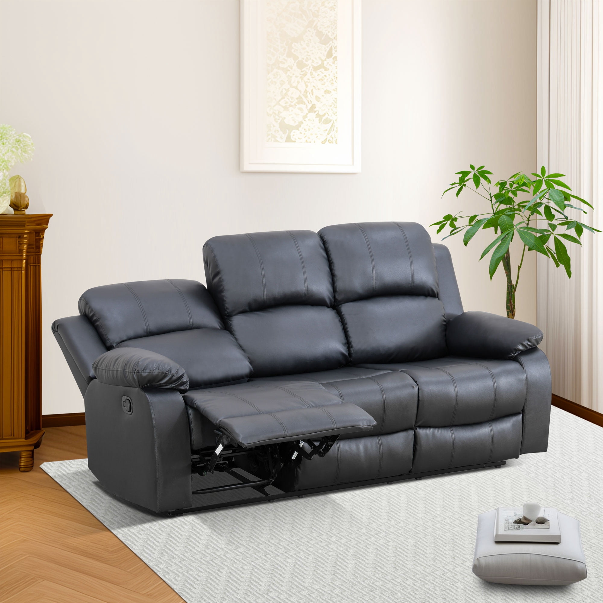 Gewnee Sofa Adjustable Multifunctional Recliner Solid Wood Frame Air Leather Upholstery Living Room Black