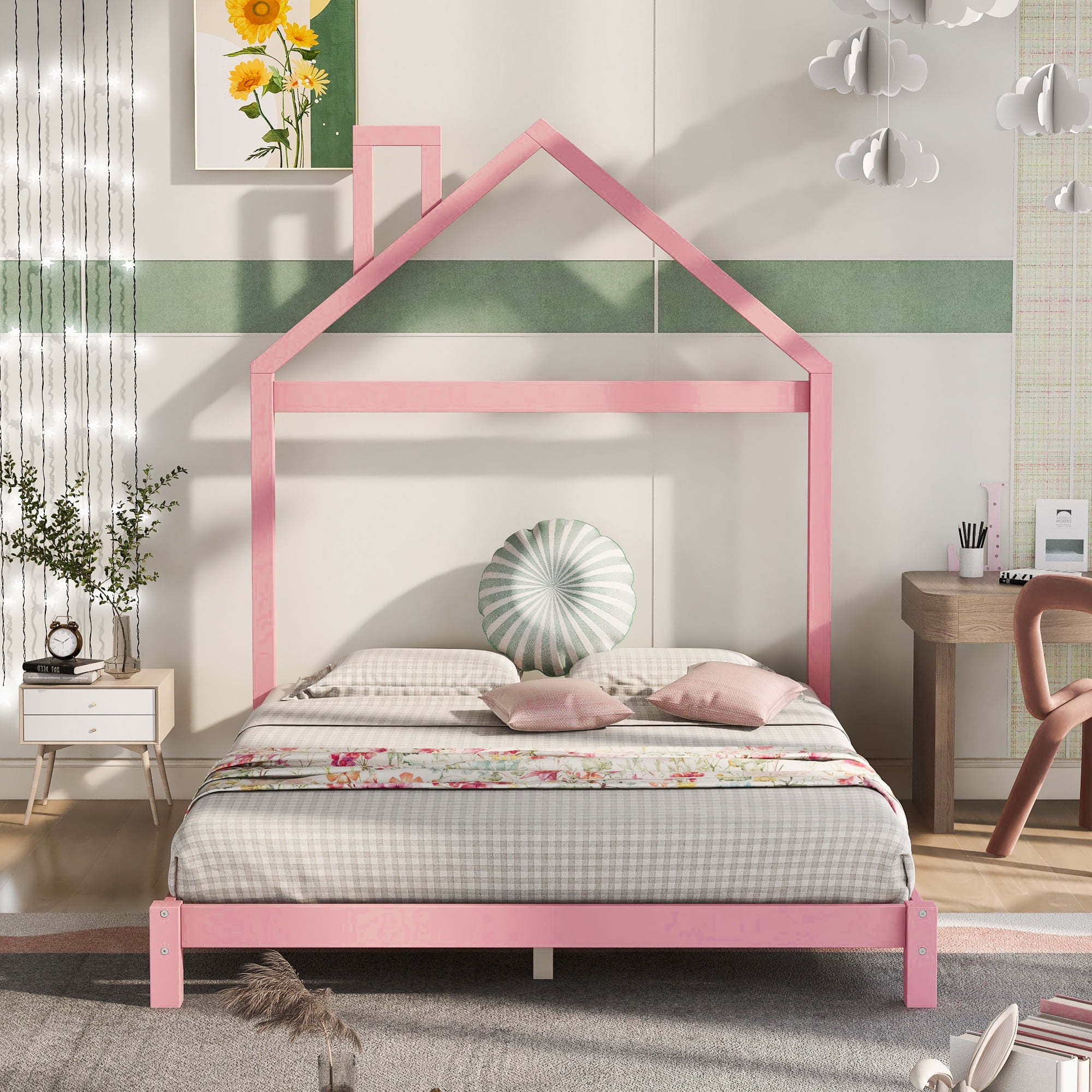 Gewnee Solid Wood Full Size Platform Bed Frame with House Shaped ...