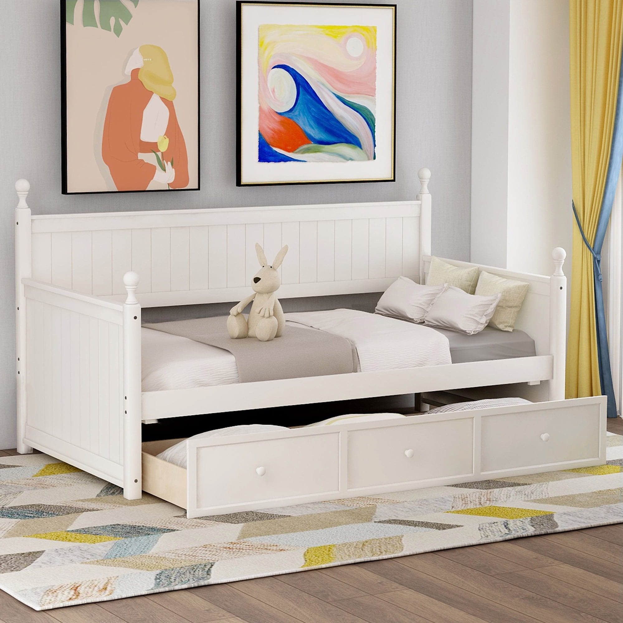 Gewnee Solid Wood Twin Size Daybed with Three Drawers,Storage Daybed for Kids,White