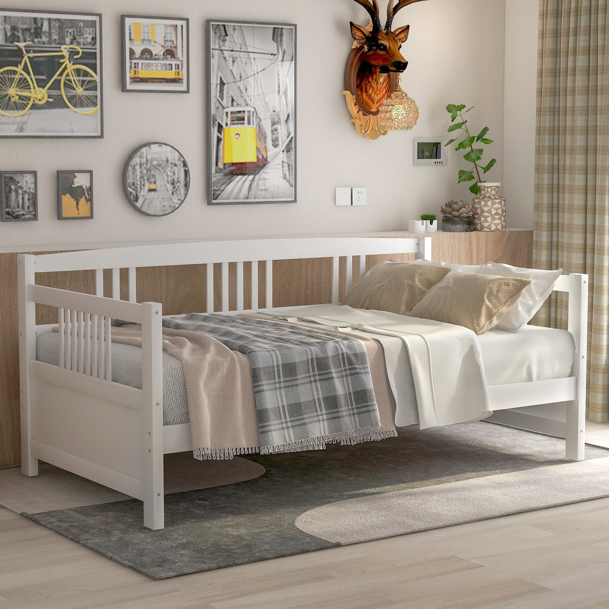 Gewnee Solid Wood Twin Size Daybed with Wooden Slats Support,White