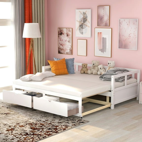Gewnee Solid Wood Twin Size Extending Daybed with Two Storage Drawers,White