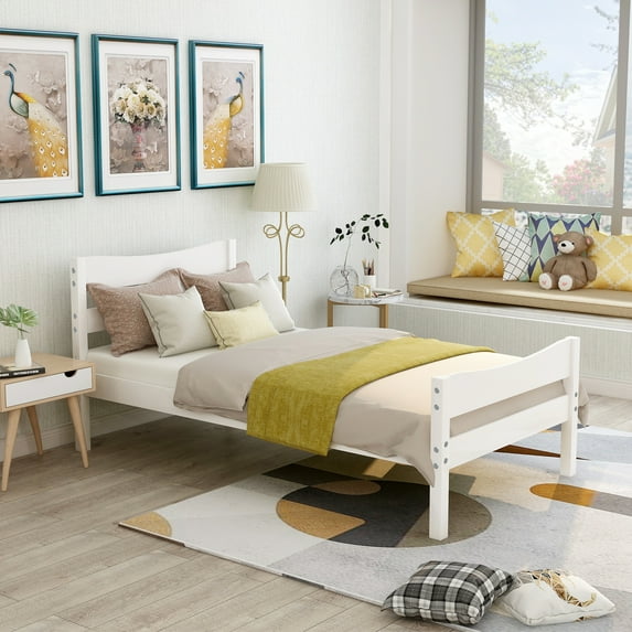 Gewnee Solid Wood Twin Size Platform Bed Frame with Headboard and Footboard for Kids Adults,White