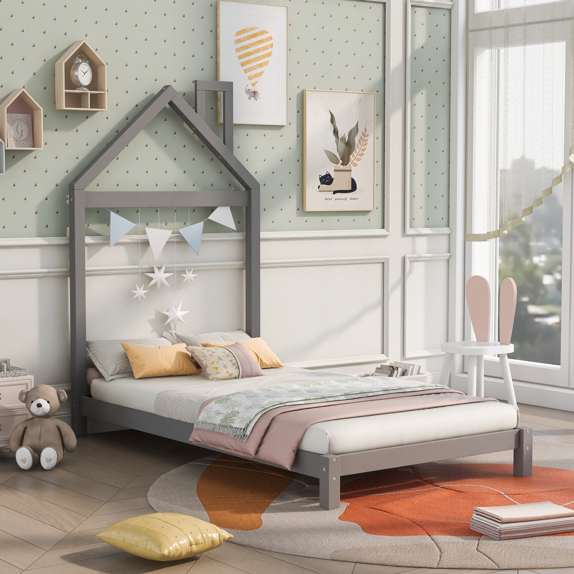 Gewnee Solid Wood Twin Size Platform Bed Frame with House Shaped Headboard for Kids Bedroom,Gray