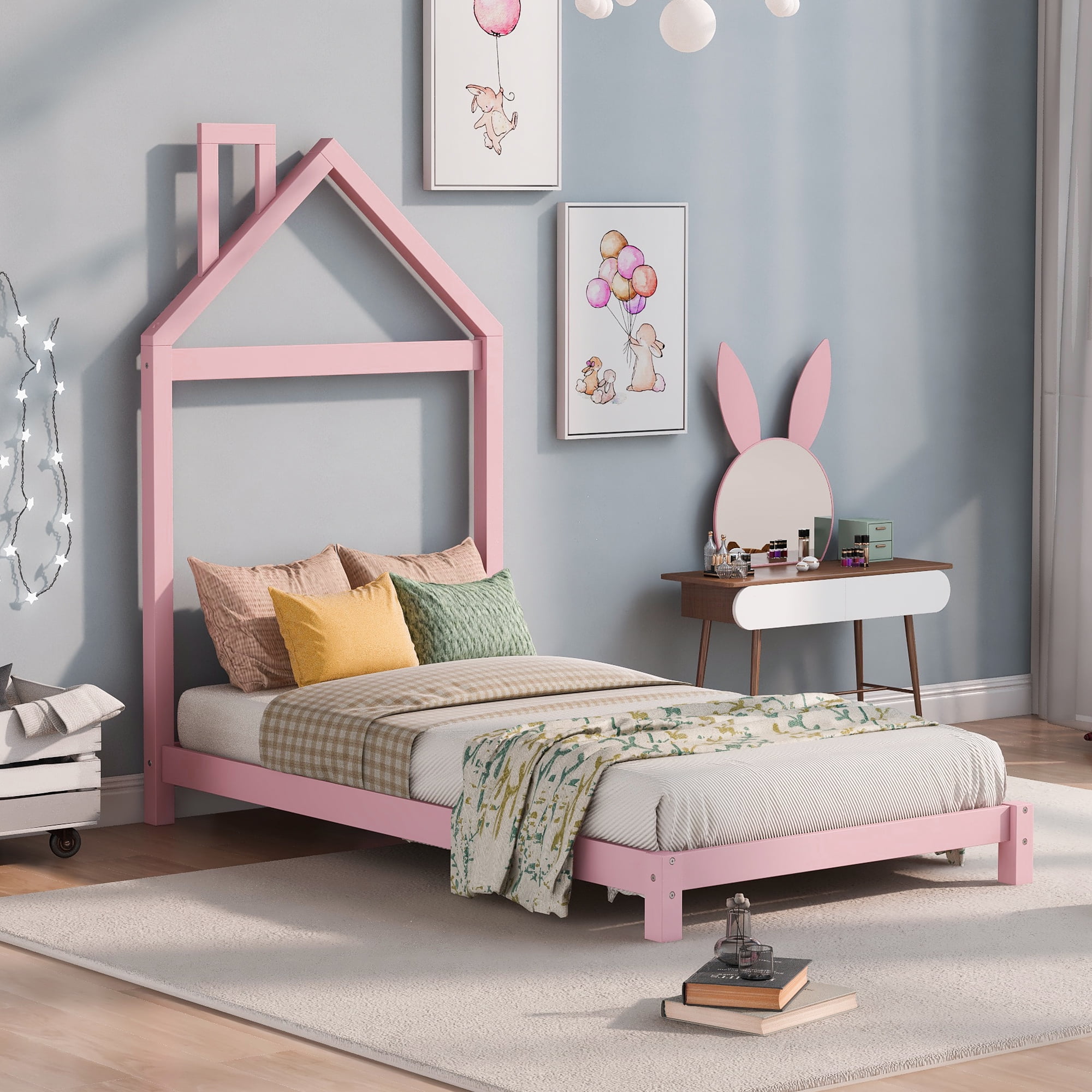 Gewnee Solid Wood Twin Size Platform Bed Frame with House Shaped Headboard for Kids Bedroom,Pink