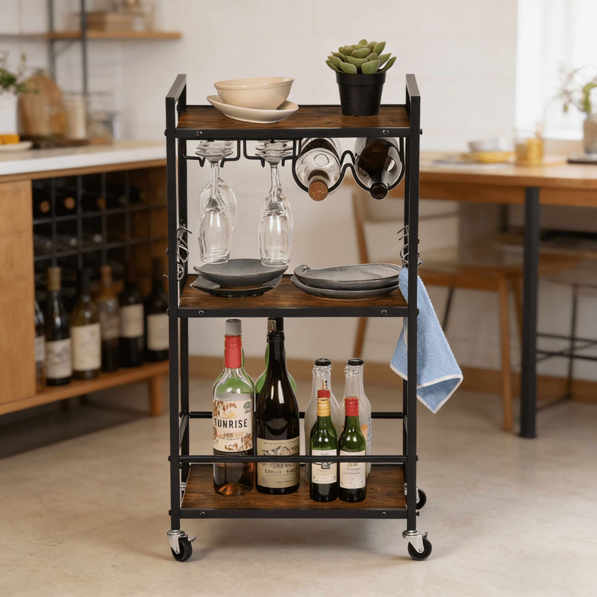 Gewnee Storage Cart with 3-Tier Storage Shelves&Cup Holders&Hooks,Suitable for kitchens and Living Room.Brown
