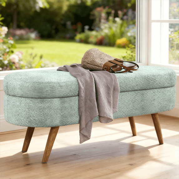 Gewnee Storage Ottoman Solid Rubberwood Legs Footstool Seat, Soft Cushion, with Storage Function, 26lbs, Suitable for Any Room(Cyan)