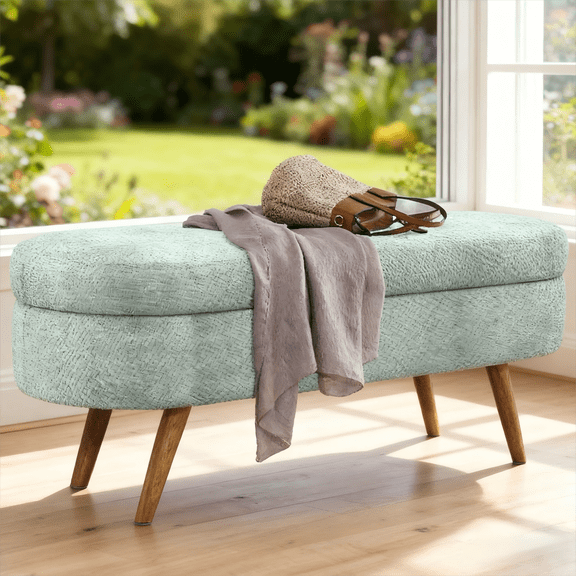 Gewnee Storage Ottoman Solid Rubberwood Legs Footstool Seat, Soft Cushion, with Storage Function, 26lbs, Suitable for Any Room(Cyan)