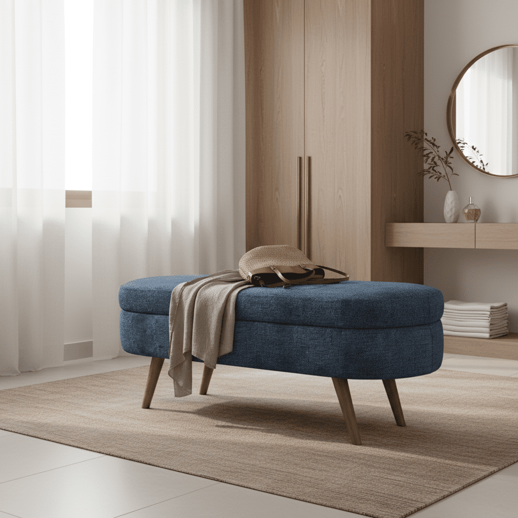 Gewnee Storage Ottoman Solid Rubberwood Legs Footstool Seat, Soft Cushion, with Storage Function, 26lbs, Suitable for Any Room（Dark Blue）