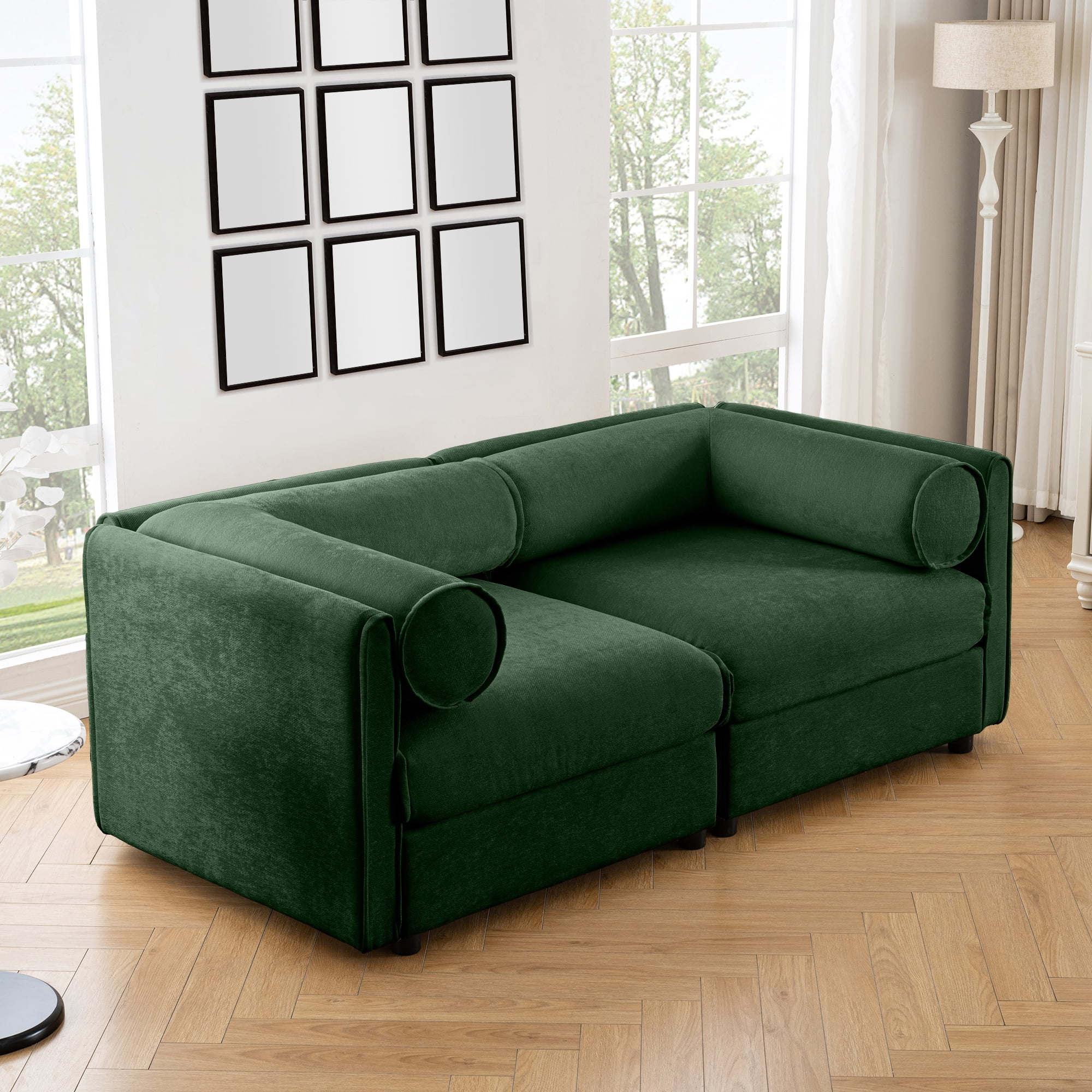 Gewnee Stylish 75.5" Deep Seat Green Chenille 2-Seaters Sofa Couch with Storage Seat, Cylindrical Backrest and Armrests, Modern FabricLoveseat Featuring Hidden Storage Space