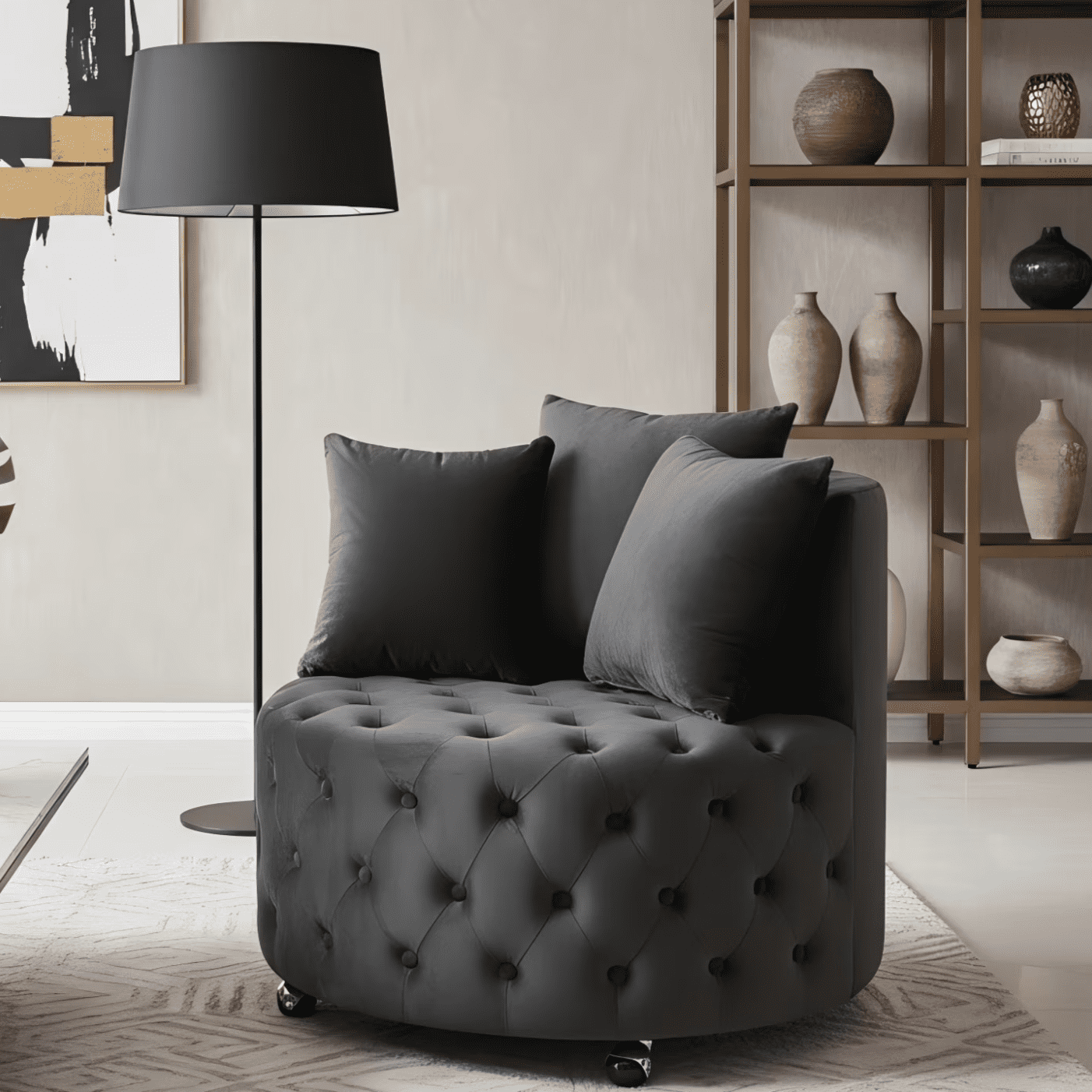 Gewnee Swivel Chair, Black Velvet Modern Glam Accent Chair with Tufted Design & 3 Pillows Included, 250LBS Capacity for Home Office Living Room Bedroom