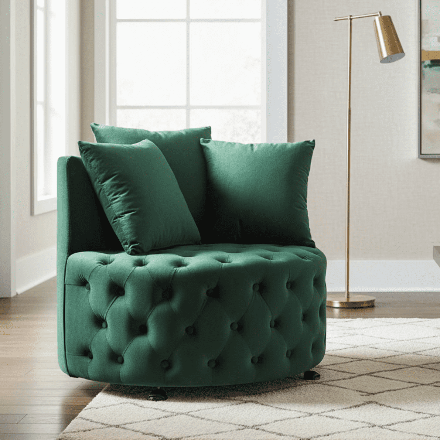 Gewnee Swivel Chair,Green Velvet Modern Glam Accent Chair with Tufted Design & 3 Pillows Included, 250LBS Capacity for Home Office Living Room Bedroom