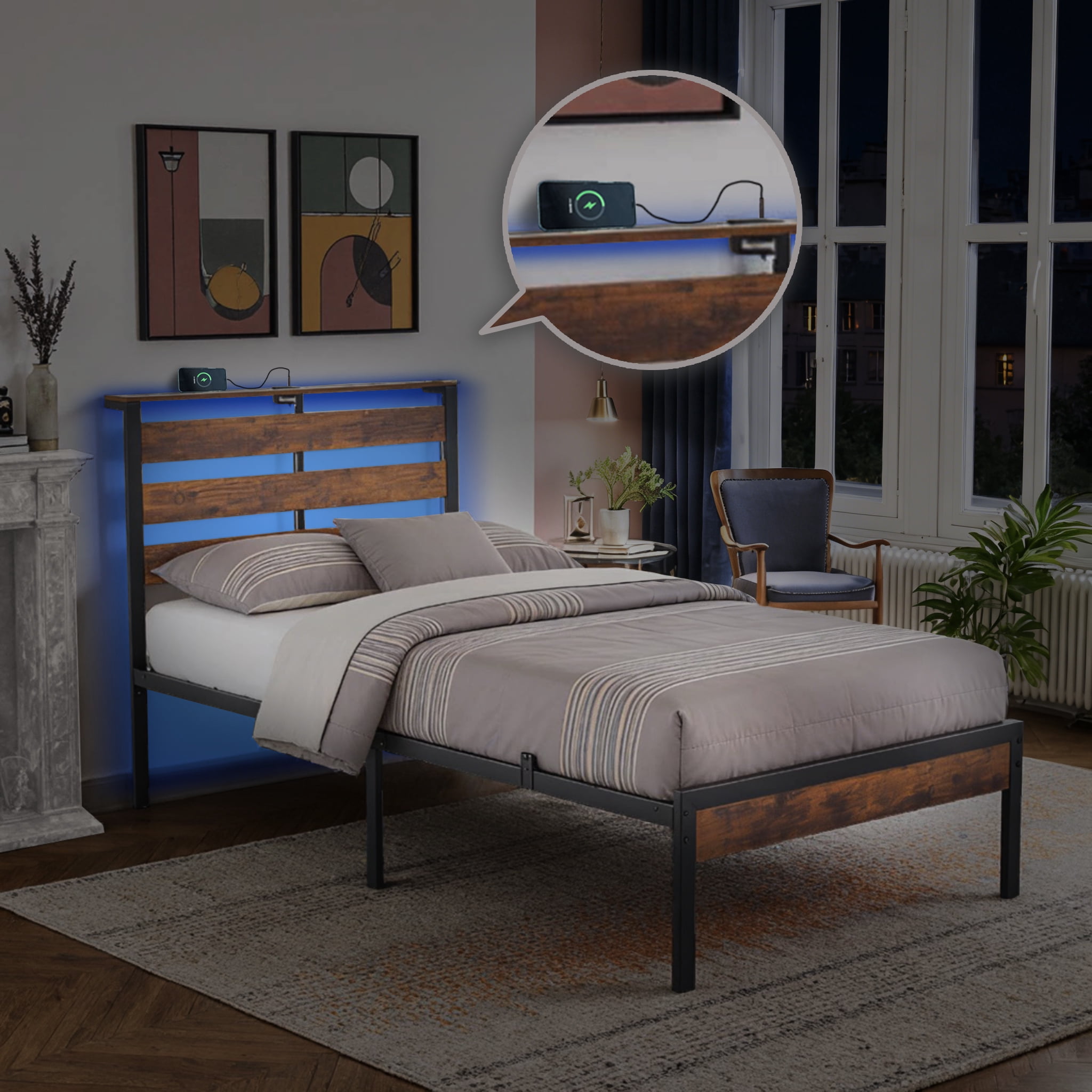 Gewnee TWIN Size Metal Bed Frame with RGB Lights & Charging Station (3 USB + 1 Type-C),Headboard with Shelf,No Box Spring Needed,Under-Bed Storage,Ideal for Bedroom,Dorm,Guest Room