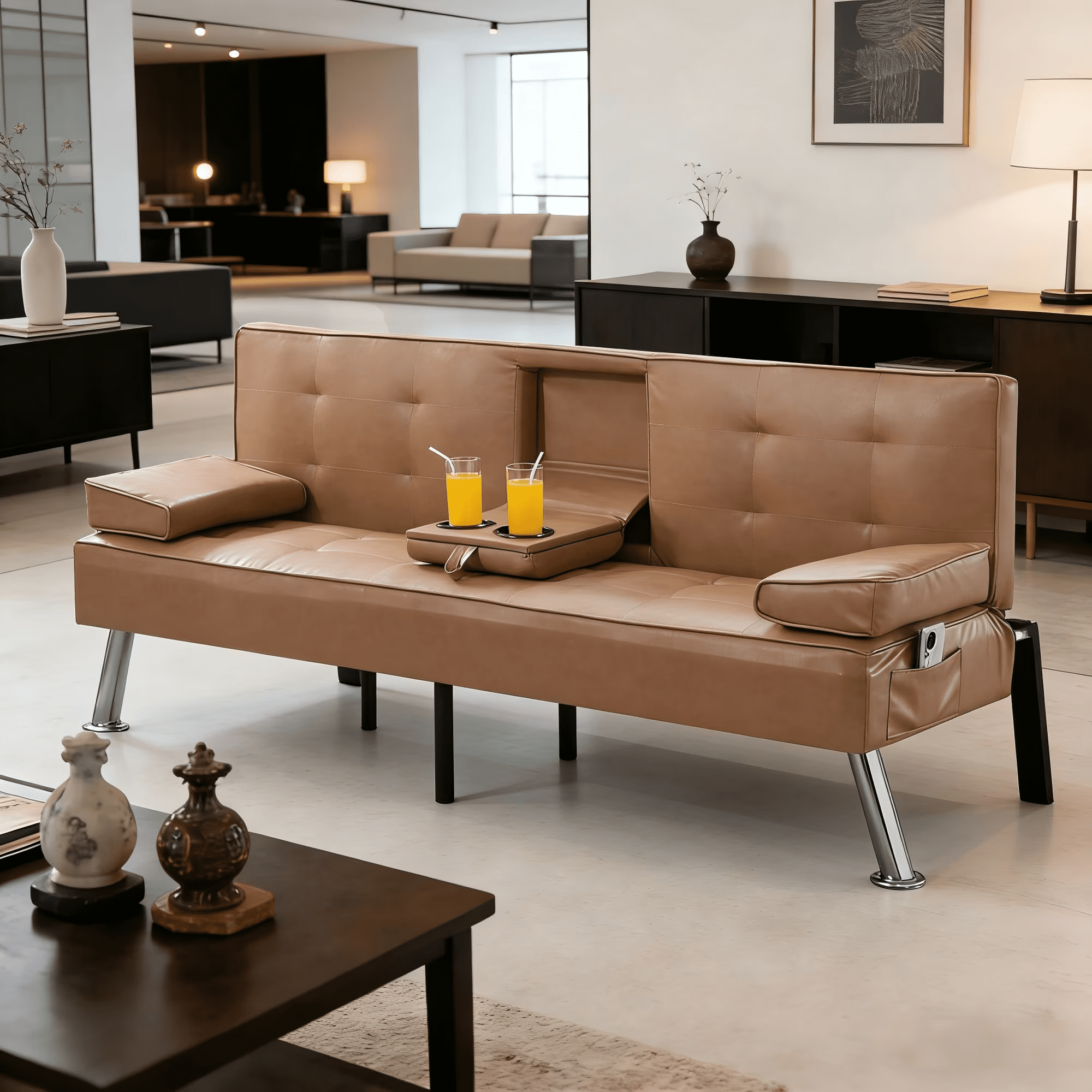 Gewnee Tangerine 69.49" Foldable Sofa Bed - Adjustable Recliner with 2 Cup Holders & Chrome Metal Legs