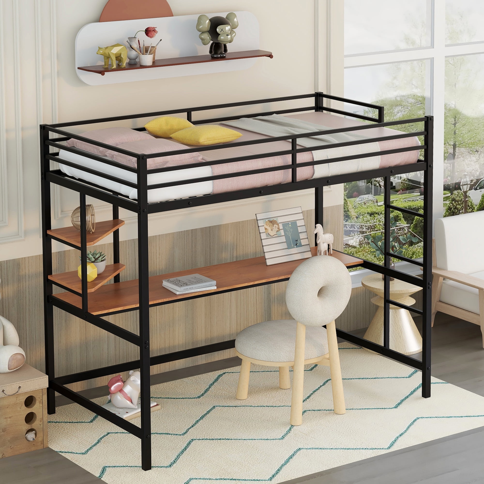 Gewnee Twin Heavy Duty Metal Loft Bed Frame  with Desk and Shelves ,Ladder and Full-Length Guardrail,Black