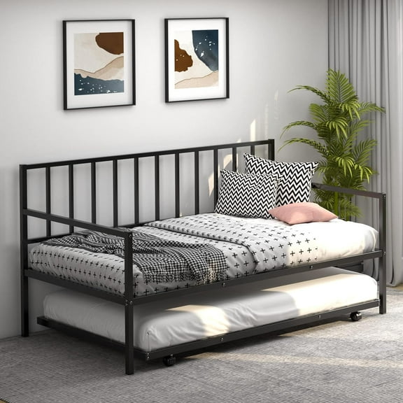Gewnee Twin Metal Daybed with Trundle,Heavy Duty Bed Frame Sofa Bed Set,Black