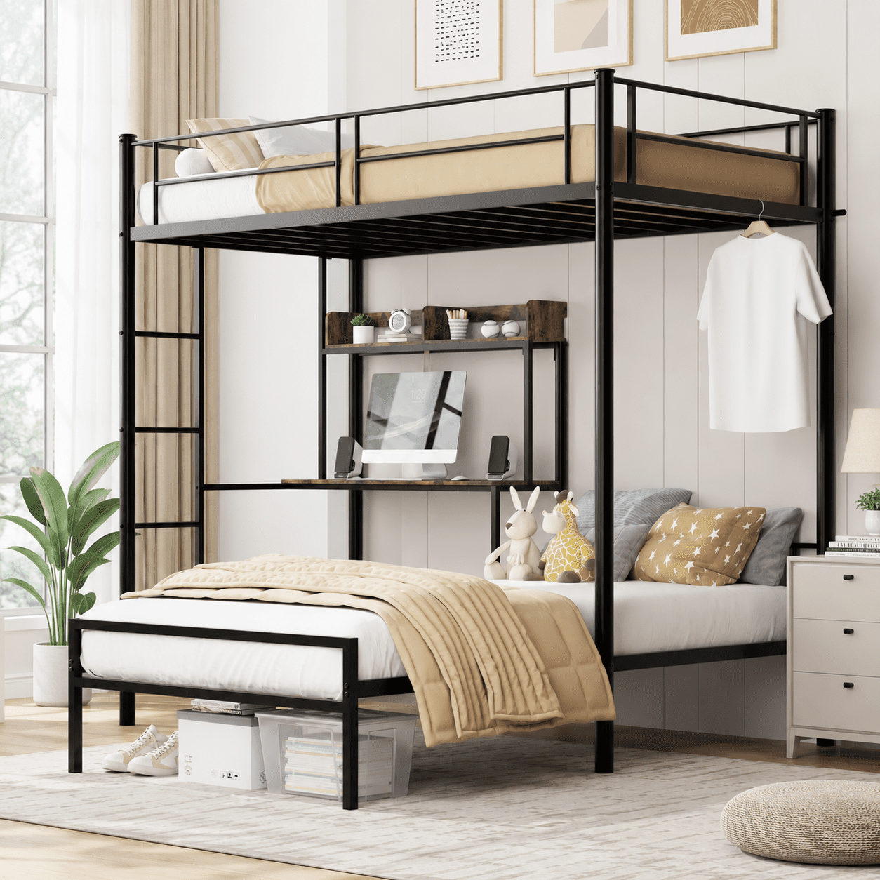 Gewnee Twin Over Twin L-Shaped Metal Bunk Bed with Desk, Charging Station, No Box Spring Needed, Black