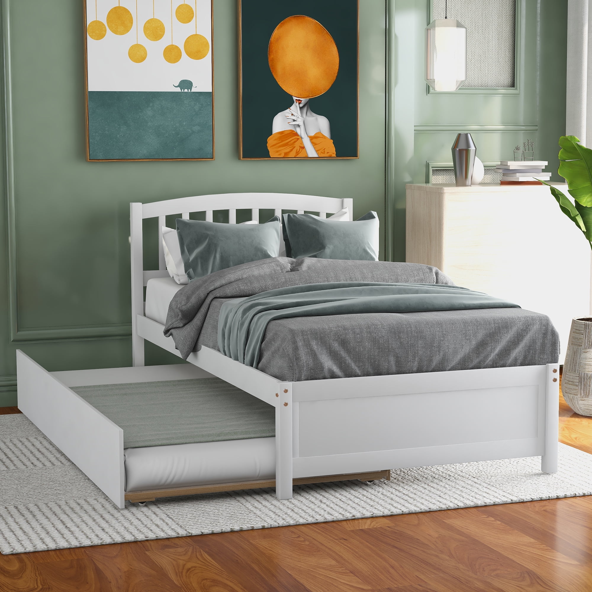 Gewnee Twin Size Platform Bed with Casters, Pull-Out Bed, Suitable for 8 Inch Mattresses, white