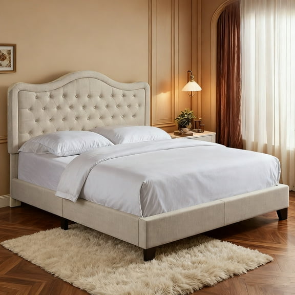 Gewnee Twin Size Bed Frame with Adjustable Headboard,Linen Upholstered Platform Bed Frame with Strong Wooden Slats,Mattress Foundation,Box Spring Required,Beige