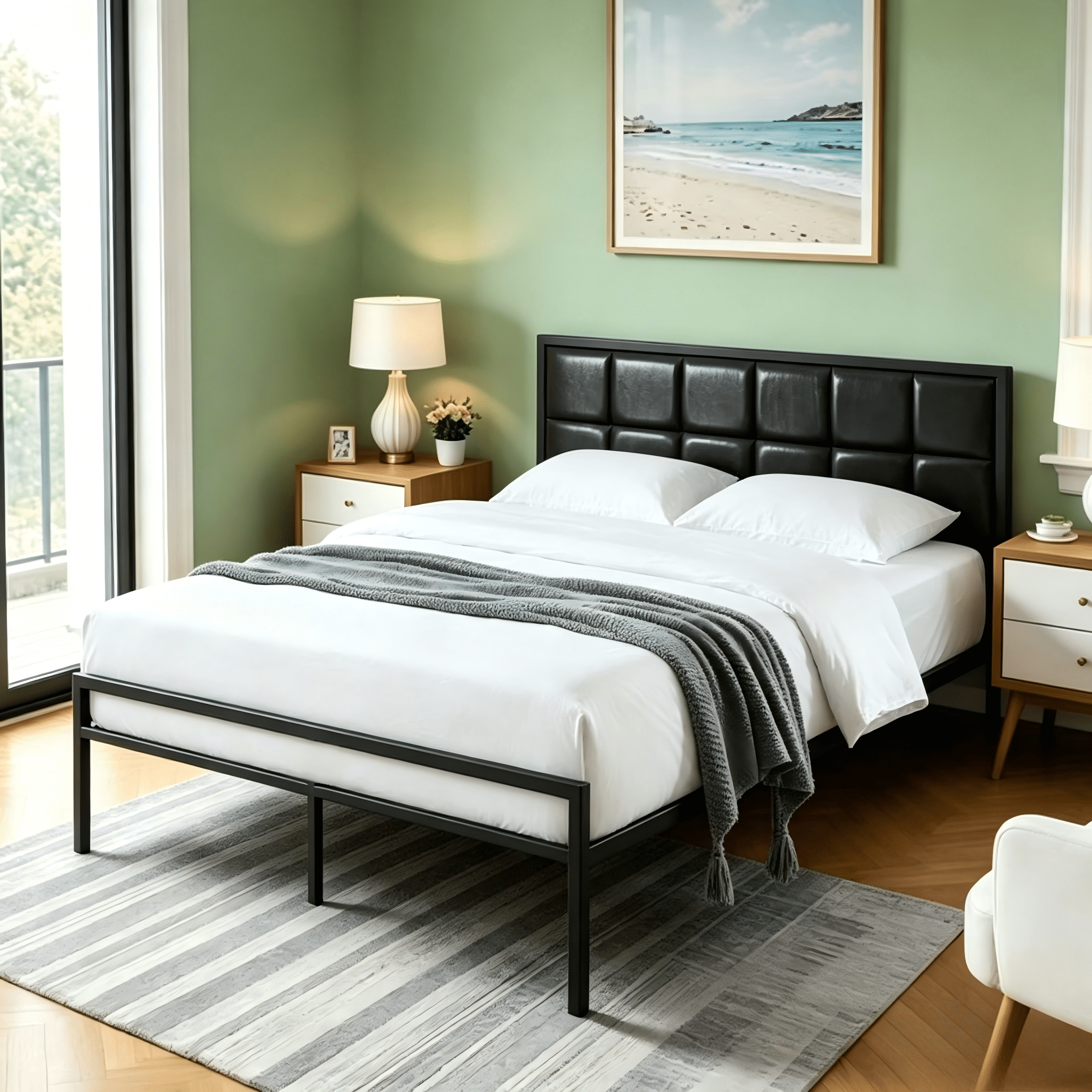 Gewnee Twin Size Faux Leather Platform Bed Frame with Metal Frame & Wood Slat Support, No Box Spring Needed, Black