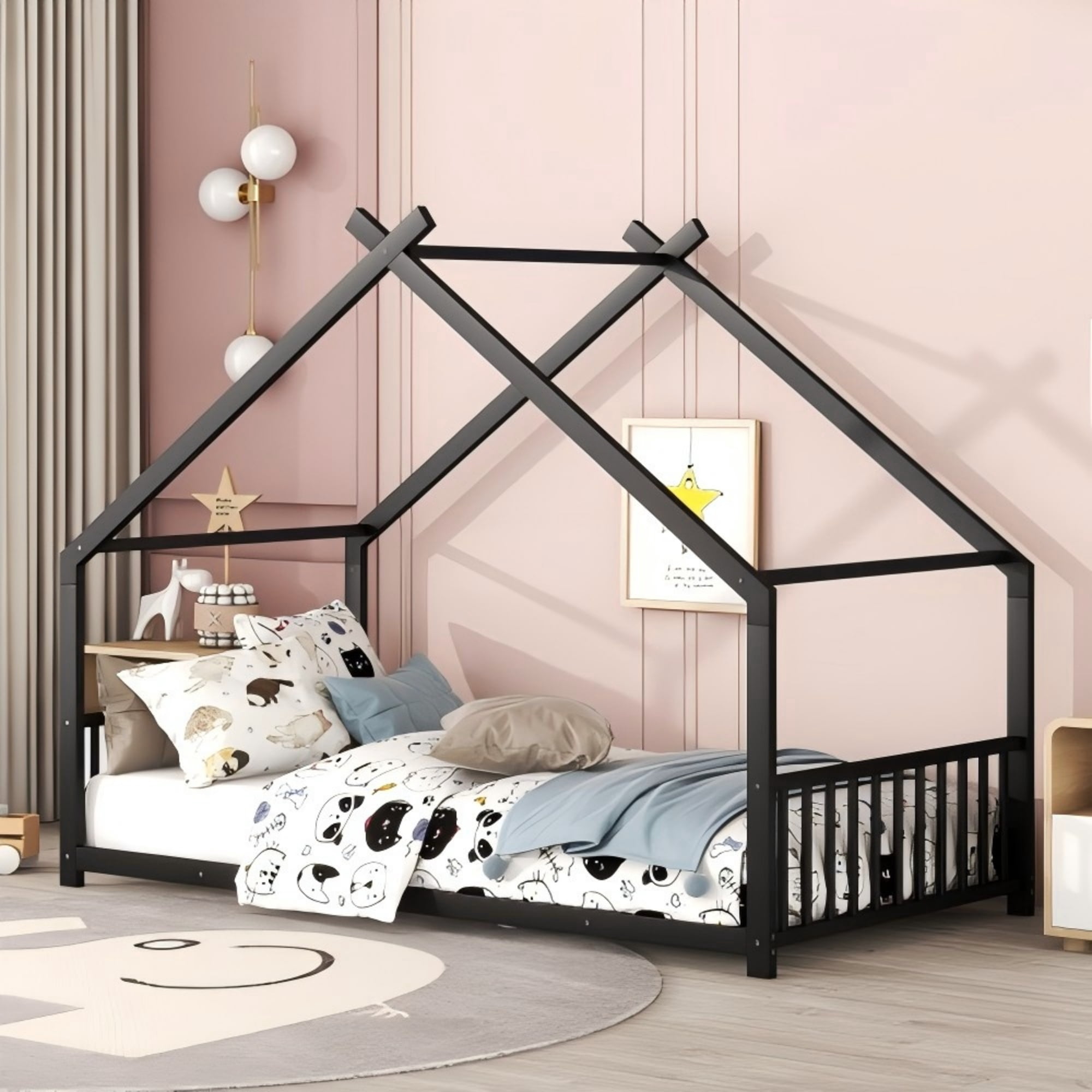 Gewnee Twin Size House Bed with Roof and Fence,Metal Platform Bed for Kids'bedroom,Black