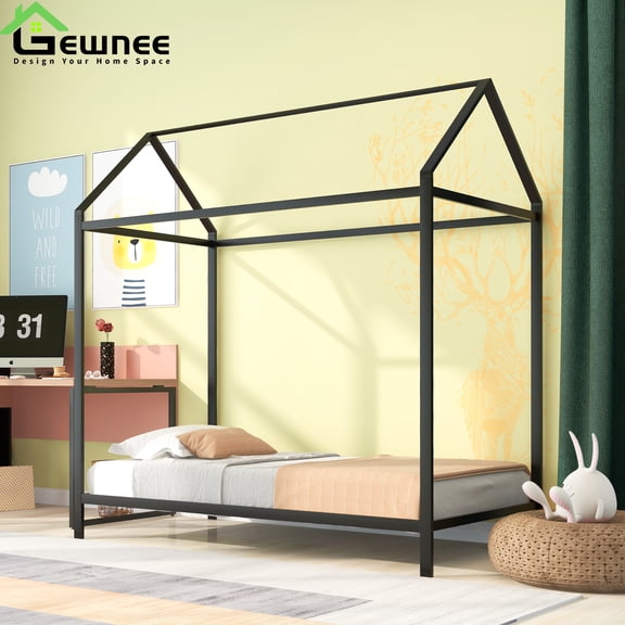 Gewnee Twin Size Kids Bed Frame, Metal Platform Bed Frame With Canopy,No Box Spring Needed. Black
