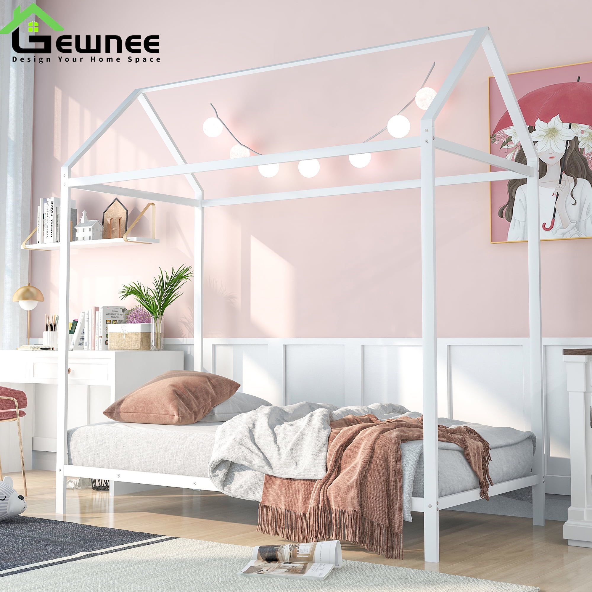 Gewnee Twin Size Kids House Bed,Metal Platform Bed Frame with Roof,White