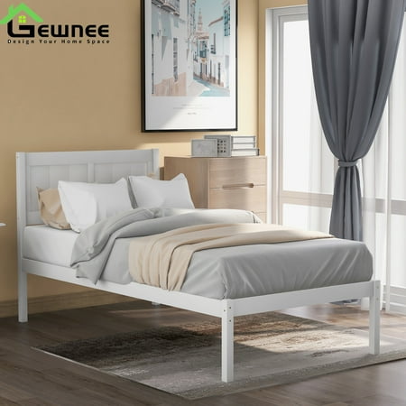 Gewnee Twin Size Kids Wood Platform Bed with Headboard and Slat Support ,White
