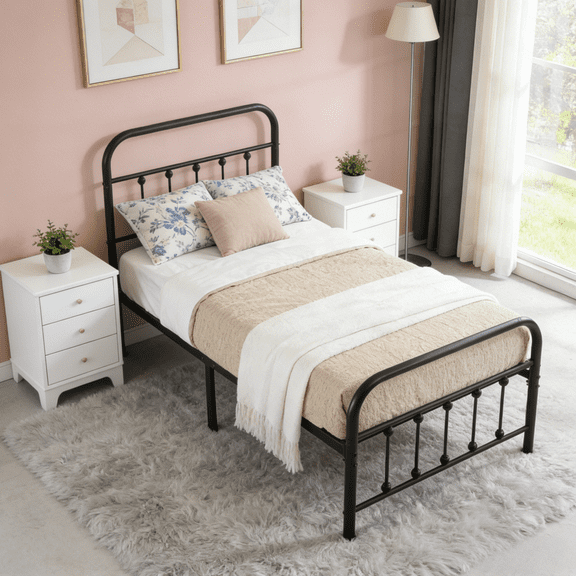 Gewnee Twin Size Metal Bed Frame,No Box Spring Needed Heavy Duty Steel Slat Foundation with Under-Bed Storage,Easy Assembly Platform for Bedroom,Guest Room,Dorm