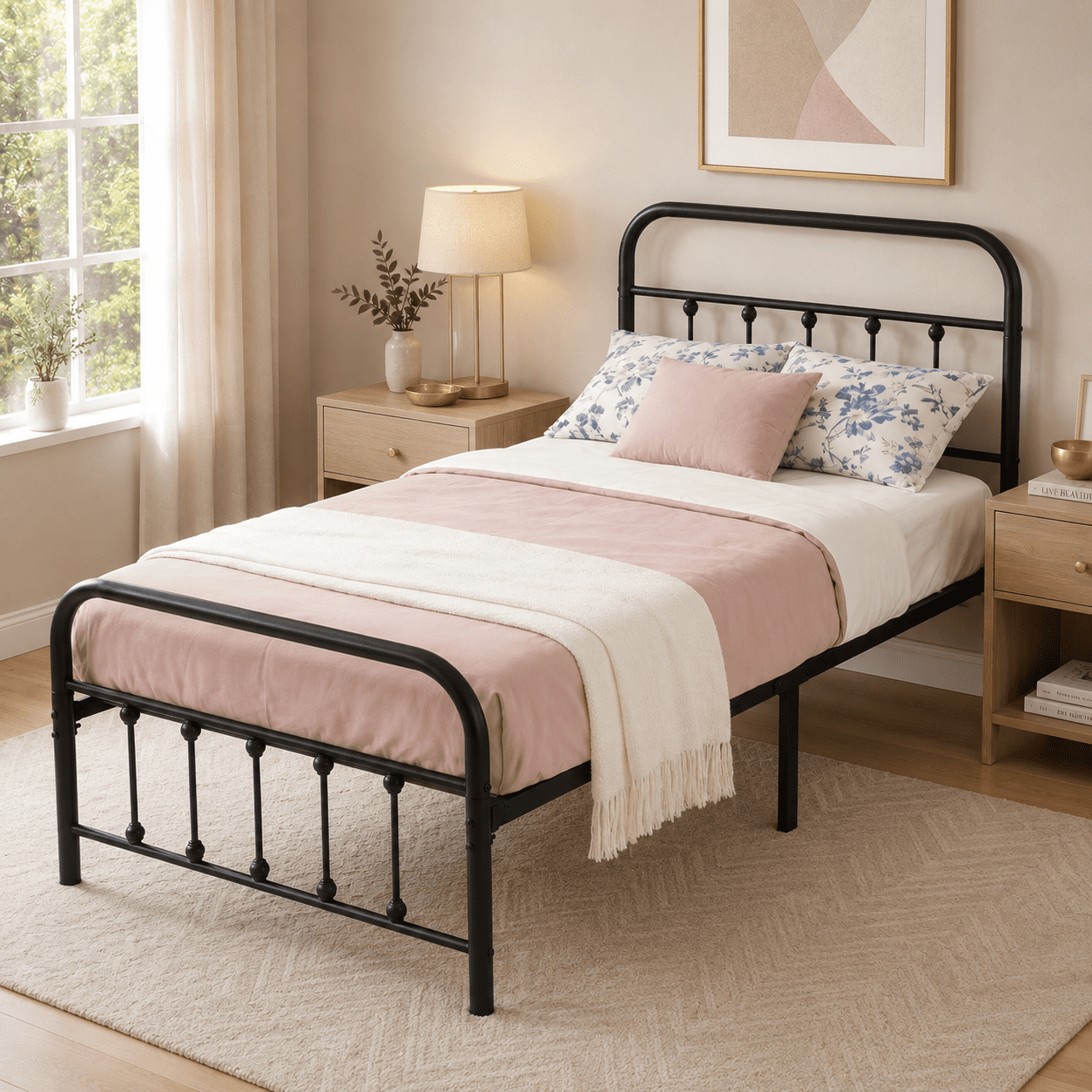 Gewnee Twin Size Metal Platform Bed Frame with Slats, No Box Spring Needed for Bedroom, Black