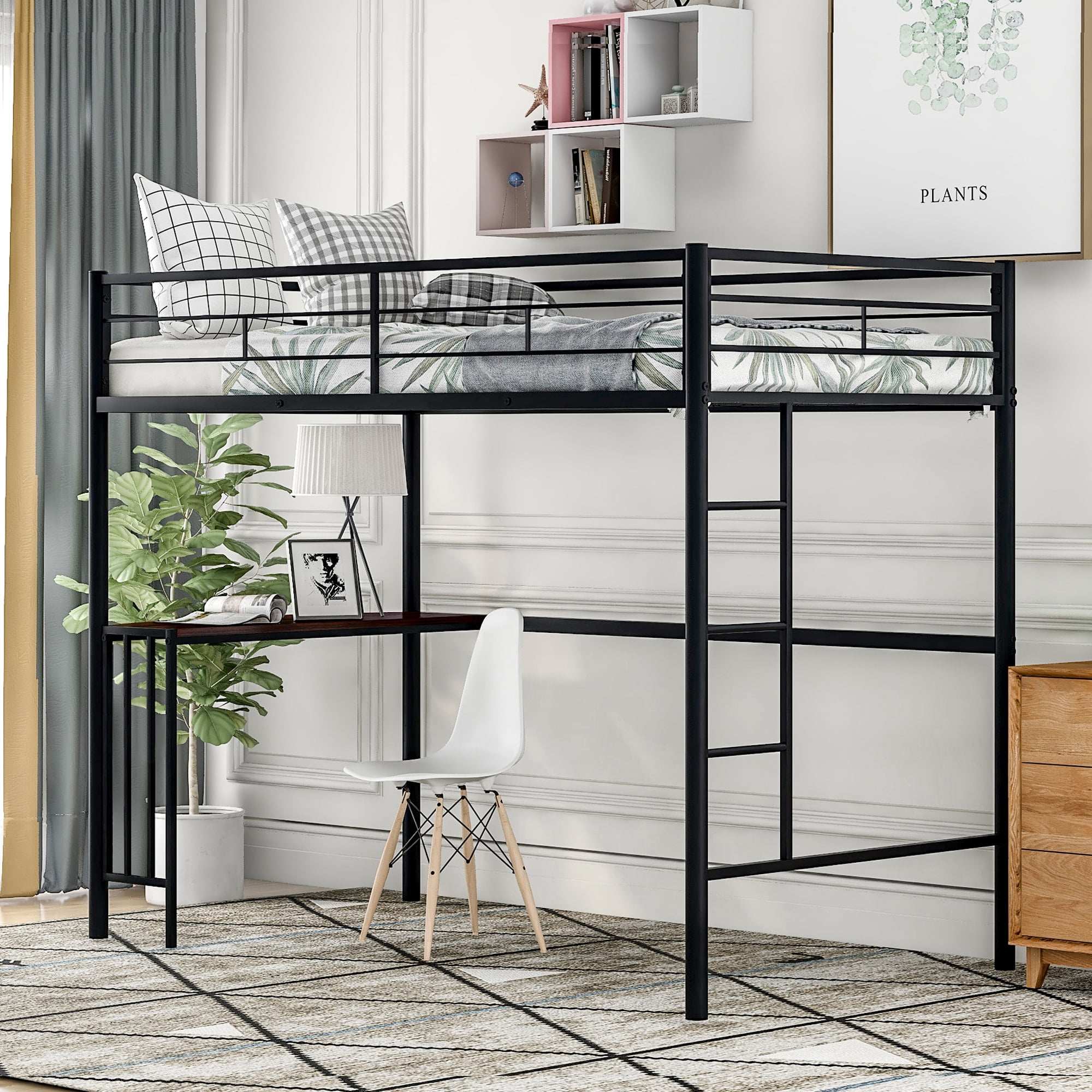 Gewnee Twin Size Metal Loft Bed Frame with Desk,Full-Length Guardrails and Ladder,Black